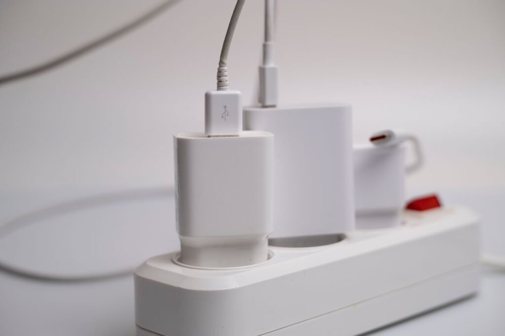 Chargers plugged into a power strip
